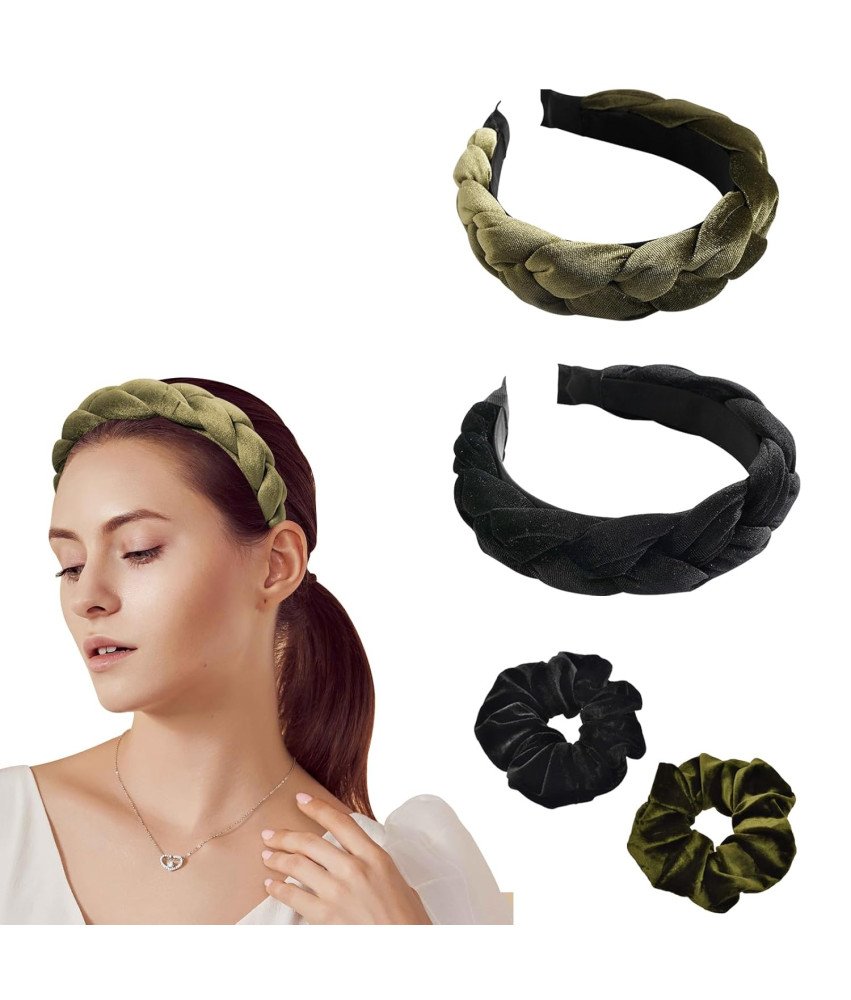 Zestaw Akcesoriów do Włosów 2x Opaski Aksamitne 2x Gumki Czarny i Zielony