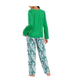 Damska Piżama Komplet Koszulka Długi Rękaw Spodnie Liście Zielona M