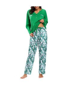 Damska Piżama Komplet Koszulka Długi Rękaw Spodnie Liście Zielona M