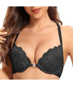 SHEKINI Biustonosz Koronkowy Stanik Push-up z Fiszbinami Czarny 38C