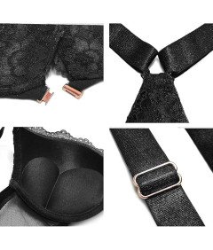 SHEKINI Biustonosz Koronkowy Stanik Push-up z Fiszbinami Czarny 38C