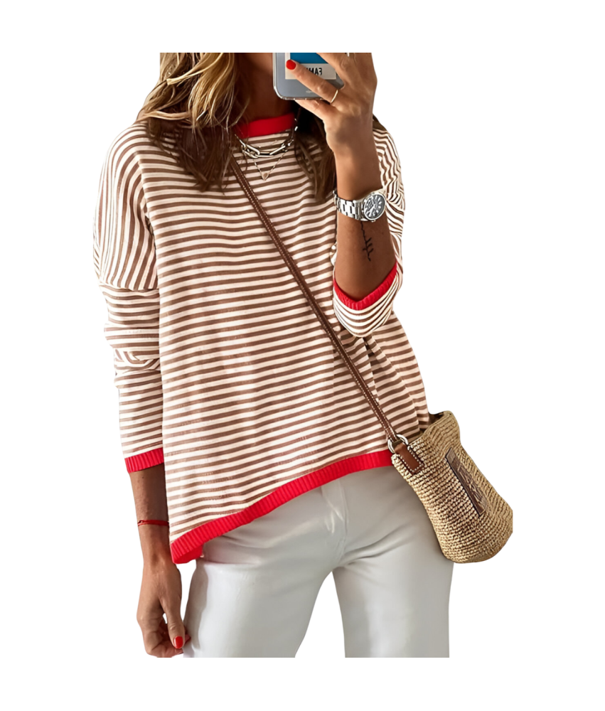 Damska Bluzka z Długim Rękawem Longsleeve w Paski Bawełna Biały Brązowy L