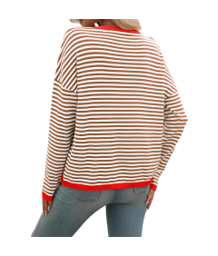 Damska Bluzka z Długim Rękawem Longsleeve w Paski Bawełna Biały Brązowy S