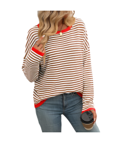 Damska Bluzka z Długim Rękawem Longsleeve w Paski Bawełna Biały Brązowy S