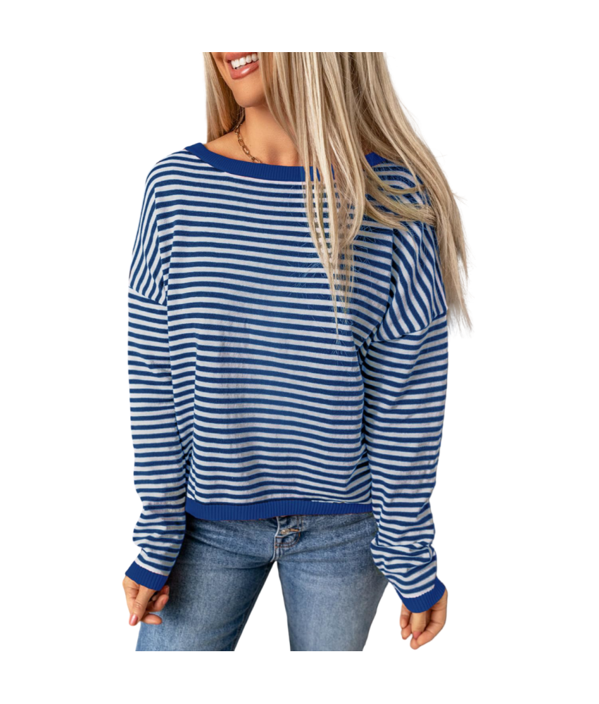 Damska Bluzka z Długim Rękawem Longsleeve w Paski Bawełna Biały Niebieski L