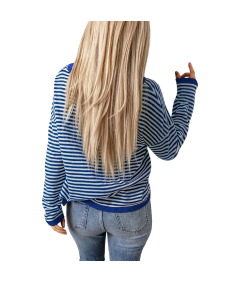 Damska Bluzka z Długim Rękawem Longsleeve w Paski Biały Niebieski XL