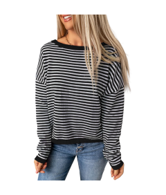 Damska Bluzka z Długim Rękawem Longsleeve w Paski Bawełna Biały Czarny M