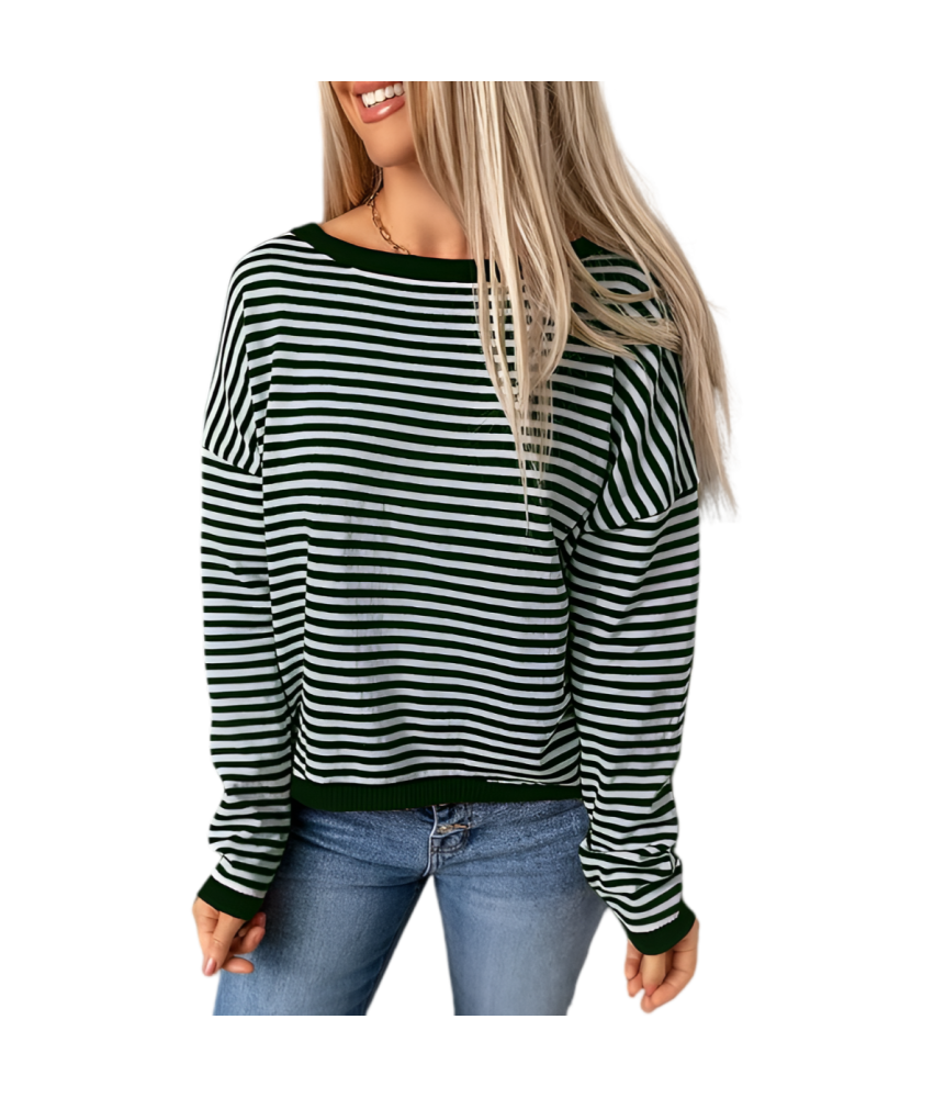 Damska Bluzka z Długim Rękawem Longsleeve w Paski Bawełna Biały Zielony XXL