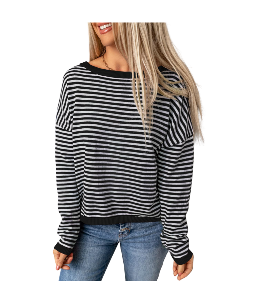 Damska Bluzka z Długim Rękawem Longsleeve w Paski Bawełna Biały Czarny XL