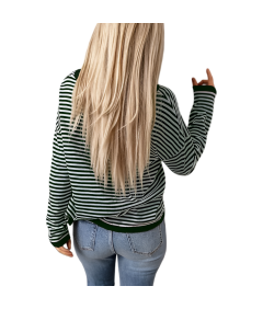 Damska Bluzka z Długim Rękawem Longsleeve w Paski Bawełna Biały Zielony L