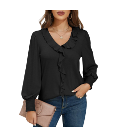 Damska Bluzka Dekolt V Bufiaste Rękawy Elegancka Stylowa Vintage Czarna M