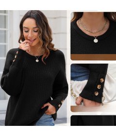 Damski Sweter Okrągły Dekolt Guziki Miękki Ciepły Elegancki Czarny S