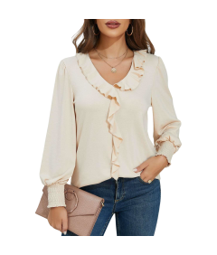 Damska Bluzka Dekolt V Bufiaste Rękawy Elegancka Stylowa Vintage Beżowa M