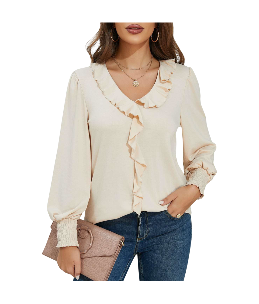 Damska Bluzka Dekolt V Bufiaste Rękawy Elegancka Stylowa Vintage Beżowa M