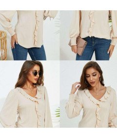 Damska Bluzka Dekolt V Bufiaste Rękawy Elegancka Stylowa Vintage Beżowa M