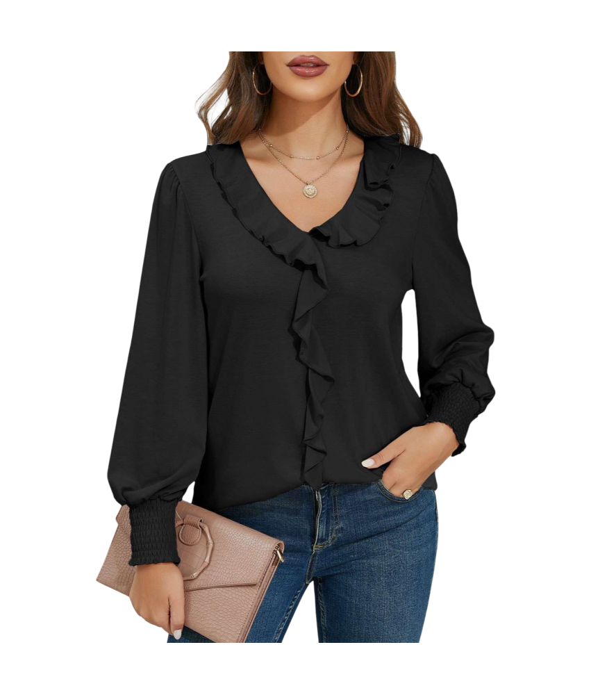 Damska Bluzka Dekolt V Bufiaste Rękawy Elegancka Stylowa Vintage Czarna L