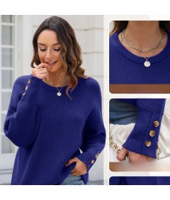 Damski Sweter Okrągły Dekolt Guziki Miękki Ciepły Elegancki Niebieski S