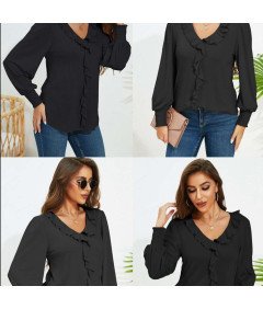 Damska Bluzka Dekolt V Bufiaste Rękawy Elegancka Stylowa Vintage Czarna L