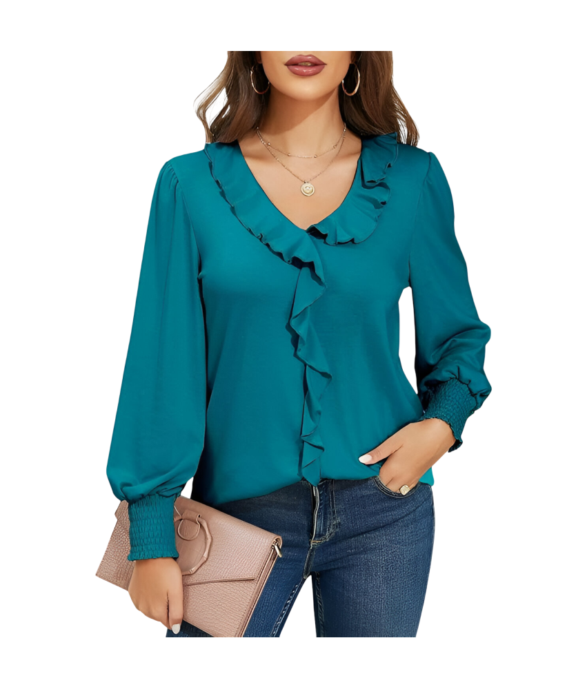 Damska Bluzka Dekolt V Bufiaste Rękawy Elegancka Vintage Turkusowa XXL