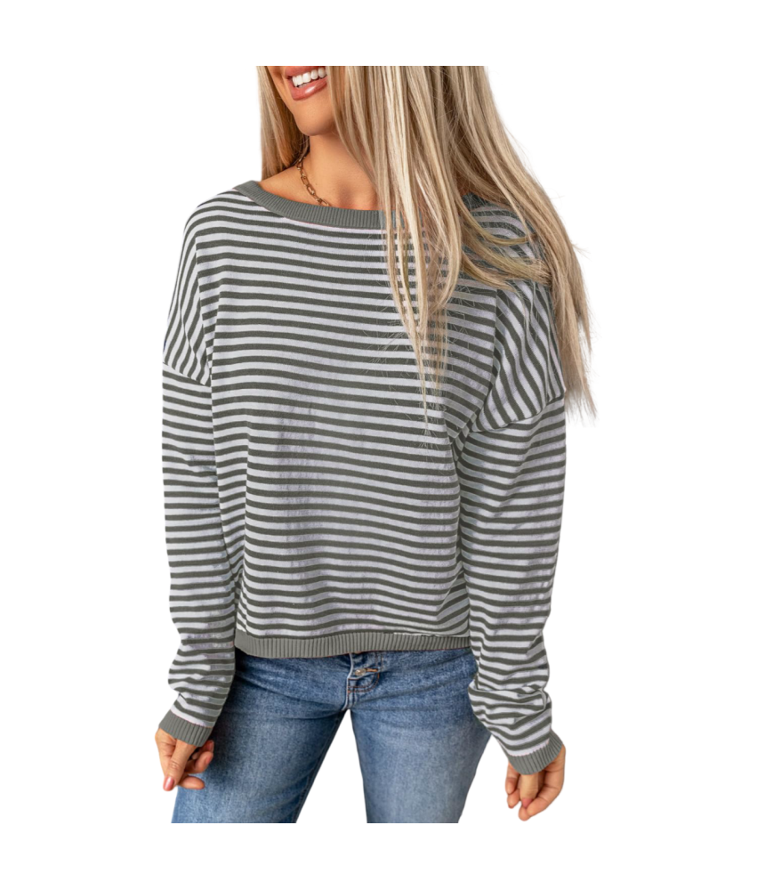 Damska Bluzka z Długim Rękawem Longsleeve w Paski Bawełna Biały Szary S