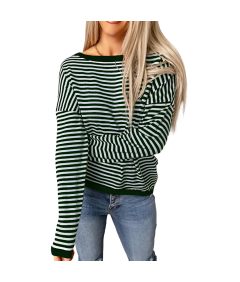 Damska Bluzka z Długim Rękawem Longsleeve w Paski Bawełna Biały Zielony XL