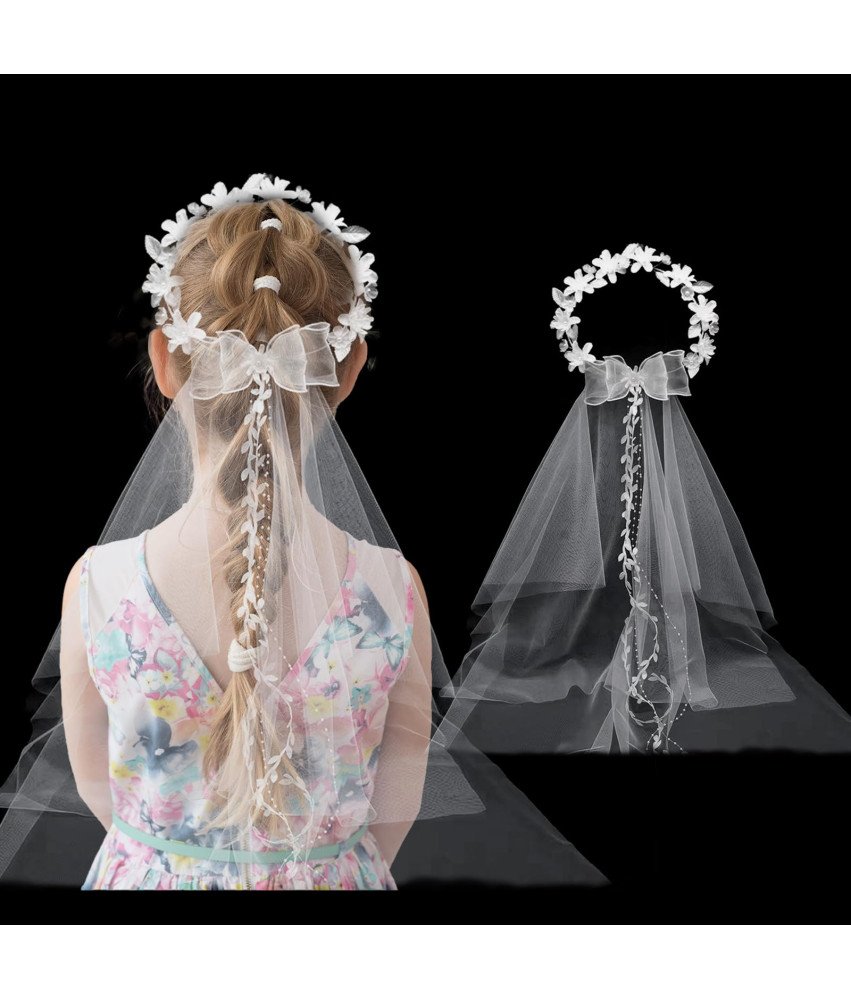 Wianek komunijny z welonem ozdoba do włosów białe kwiaty perełki 22 cm