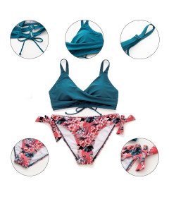 Mooncore Bikini Women Push Up Turkusowe Kwiatowe Wyszczuplające Rozmiar 2XL