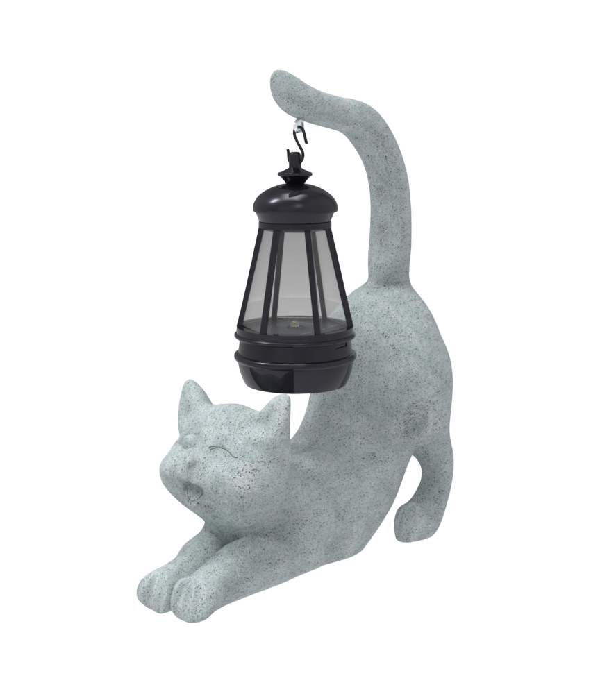 Figurka Lampion Lampka Solarka Dekoracja Ogrodowa Kot Żywica Szara 20 cm