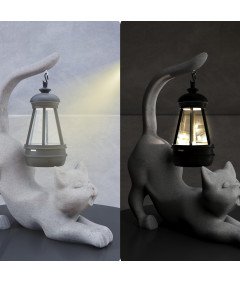 Figurka Lampion Lampka Solarka Dekoracja Ogrodowa Kot Żywica Szara 20 cm