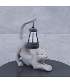Figurka Lampion Lampka Solarka Dekoracja Ogrodowa Kot Żywica Szara 20 cm