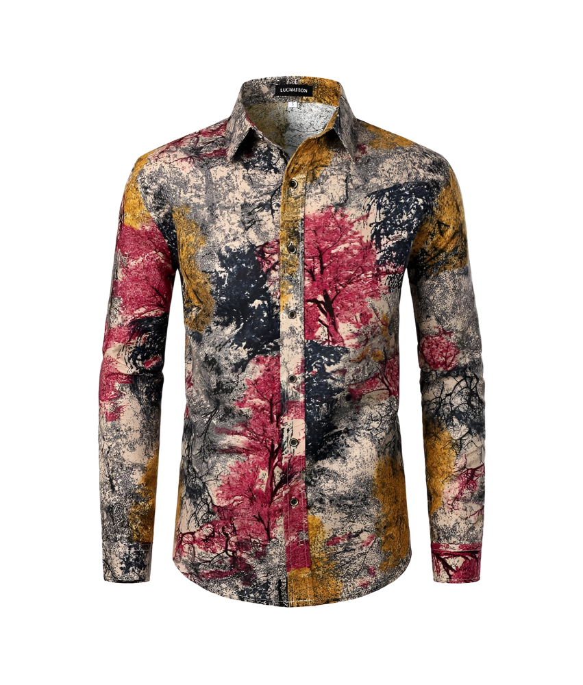 Męska Koszula Lniana w Drzewa Tradycyjna Elegancka Stylowa Slim Fit S