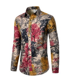 Męska Koszula Lniana w Drzewa Tradycyjna Elegancka Stylowa Slim Fit S