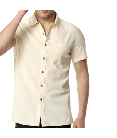 Męska Koszula Krótki Rękaw Casual Slim FIt Bawełniana Dopasowana Beżowa M