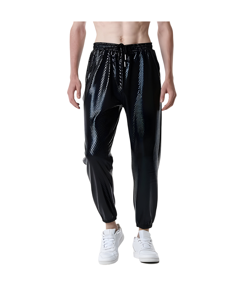 Męskie Spodnie Joggery Metaliczne Błyszczące Disco Imprezowe Dresy Czarne M