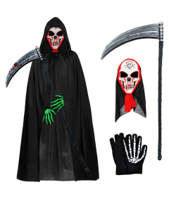 Kostium Strój Przebranie Żniwiarza Halloween Zestaw Kosa Maska Peleryna