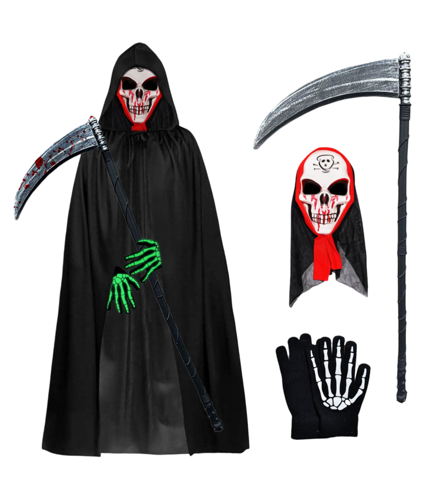 Kostium Strój Przebranie Żniwiarza Halloween Zestaw Kosa Maska Peleryna