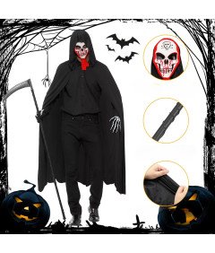 Kostium Strój Przebranie Żniwiarza Halloween Zestaw Kosa Maska Peleryna
