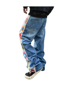 Męskie Spodnie Dżinsy Szerokie Nogawki Podarte Haftowane Y2K Granatowe L