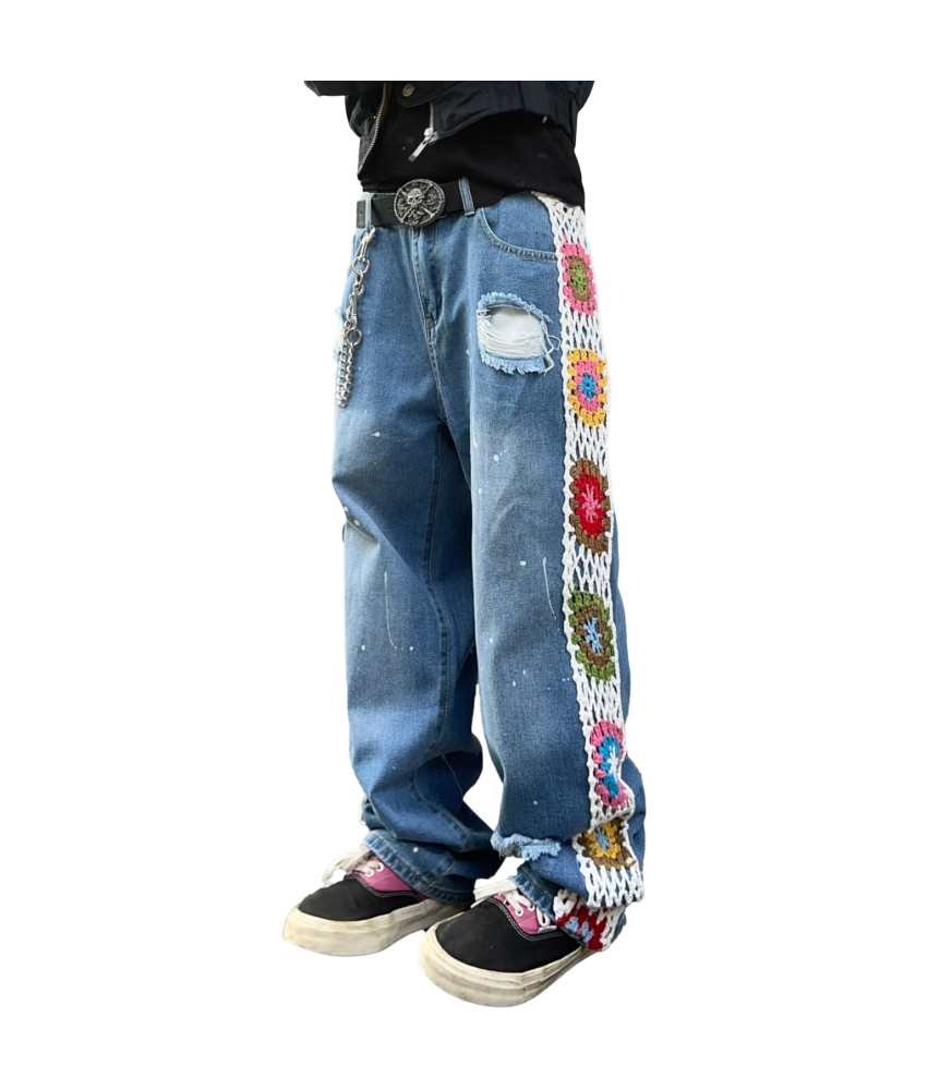 Męskie Spodnie Dżinsy Szerokie Nogawki Podarte Haftowane Y2K Granatowe M