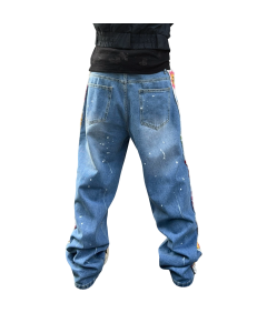 Męskie Spodnie Dżinsy Szerokie Nogawki Podarte Haftowane Y2K Granatowe M