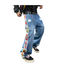 Męskie Spodnie Dżinsy Szerokie Nogawki Podarte Haftowane Y2K Granatowe M