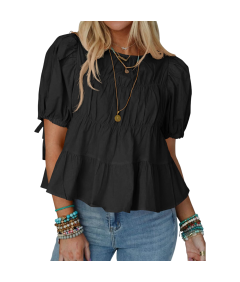 Damska Bluzka Bufiaste Rękawy Bawełniana Stylowa Casual Letnia Czarna M