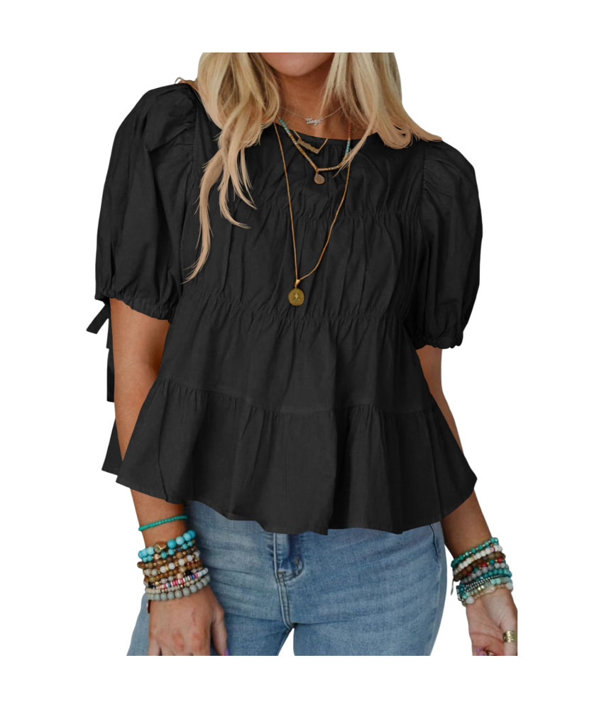 Damska Bluzka Bufiaste Rękawy Bawełniana Stylowa Casual Letnia Czarna M