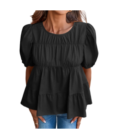Damska Bluzka Bufiaste Rękawy Bawełniana Stylowa Casual Letnia Czarna M