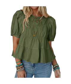 Damska Bluzka Bufiaste Rękawy Bawełniana Stylowa Casual Letnia Zielona S
