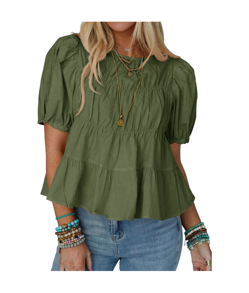 Damska Bluzka Bufiaste Rękawy Bawełniana Stylowa Casual Letnia Zielona S