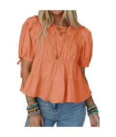 Damska Bluzka Bufiaste Rękawy Bawełniana Stylowa Letnia Pomarańczowa L