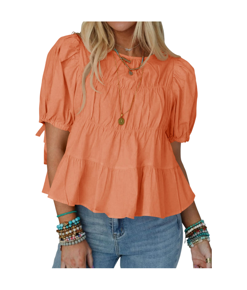 Damska Bluzka Bufiaste Rękawy Bawełniana Stylowa Letnia Pomarańczowa L