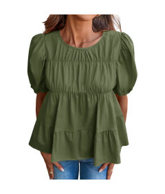 Damska Bluzka Bufiaste Rękawy Bawełniana Stylowa Casual Letnia Zielona S