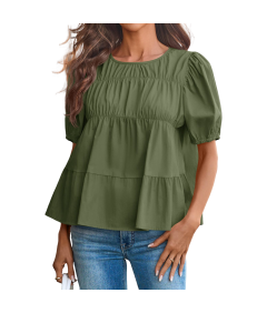 Damska Bluzka Bufiaste Rękawy Bawełniana Stylowa Casual Letnia Zielona S